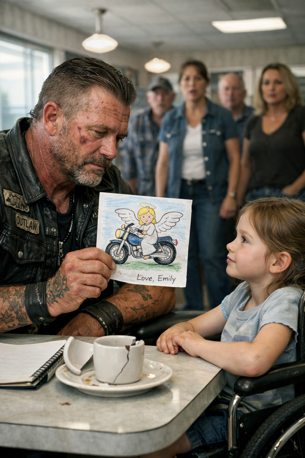 A nine-year-old in a purple wheelchair asks four harmless words—“May I sit here?”—and the entire diner goes silent. Nobody approaches Jackson “Reaper” Cole, the Hells Angel with a scarred face and a past that kills conversation. But Emma doesn’t flinch… and her sketchbook holds a drawing that cracks open the grief he’s buried for four years. Then the state rips her away “for her safety.” Two nights later, a group home erupts in flames—and Emma is trapped upstairs. Reaper has seconds to choose: obey the law… or run into fire and become the monster they fear.
