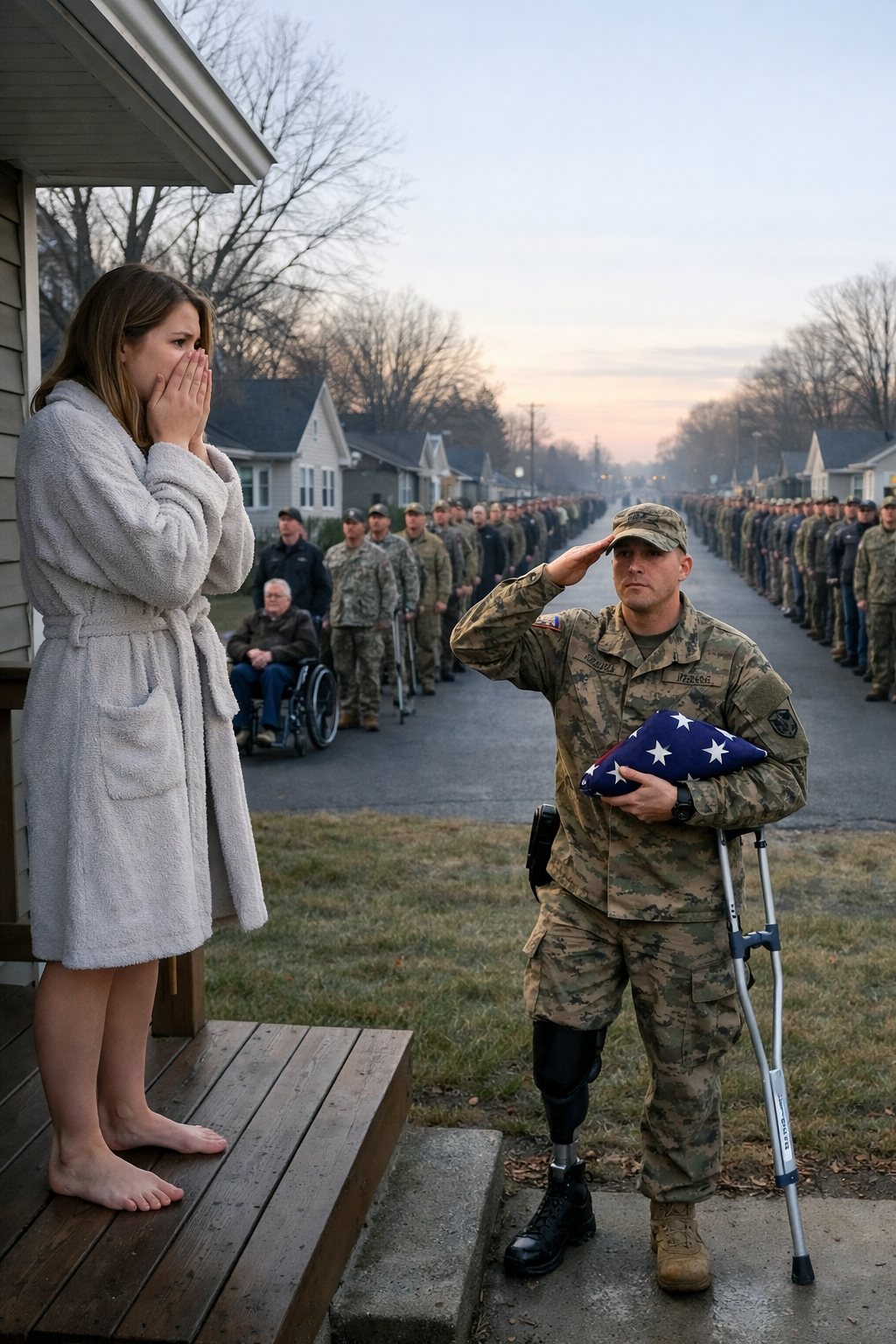 He limps into the Riverside Diner on a crutch, a pinned pant leg where his left leg should be. One by one, strangers avert their eyes—until exhausted ICU nurse Arya slides her bag aside and whispers, “Sit.” Twenty-four hours later, Arya wakes to “thunder” outside at dawn: 200 veterans in perfect formation, a folded flag, and an envelope that could change her life. What did that simple seat awaken—and why are grown warriors already crying?