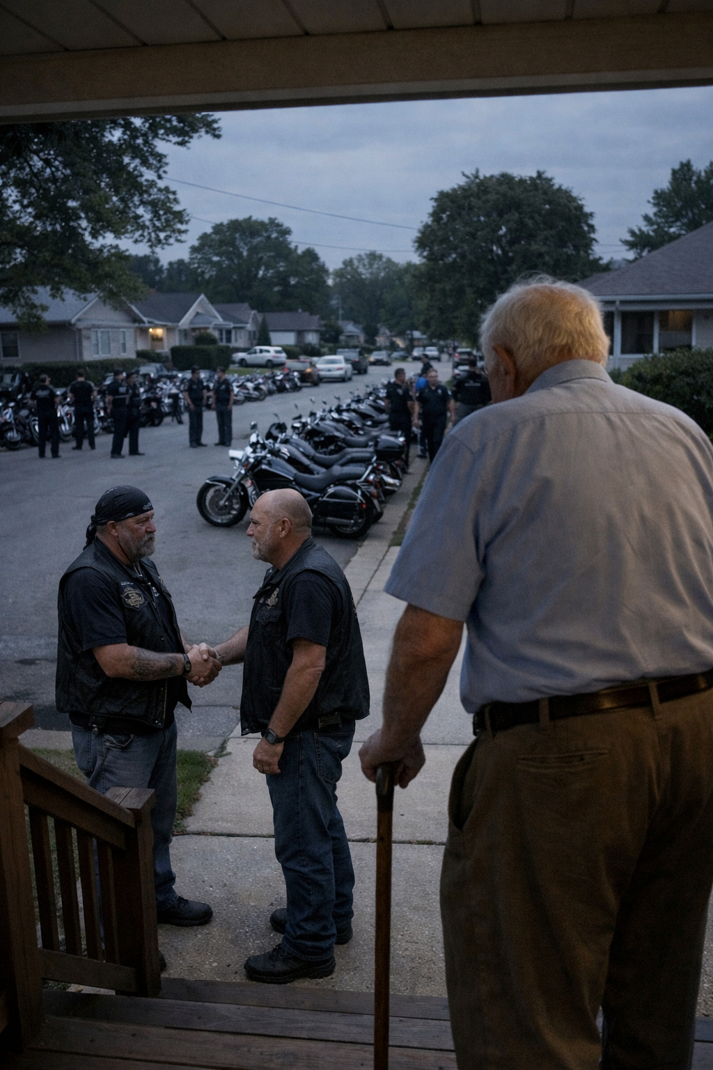 Just as Walter’s grief buckles his knees, Hawthorne Drive starts to shake. Not sirens—Harleys. Twenty riders in black leather ring his porch, their leader’s eyes locking on the bruise on Miriam’s face. “Inside?” he asks, voice like gravel. Minutes later, the thieves reappear—two blue-hooded boys marched back between roaring bikes, jewelry in hand, police arriving too late. Then Gunner presses a skull sticker to their door: a warning…and a promise that changes their quiet street forever.