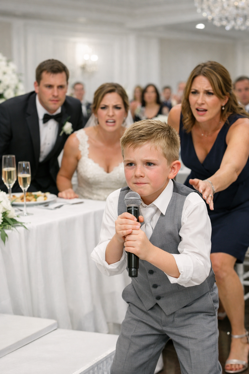 At my brother’s wedding, his new wife grabbed the mic and called me a “pathetic single mom” in front of everyone. My own mother laughed and added I was a “discount model,” and the whole room roared while my 9-year-old stared up at me and whispered, “Why are they laughing at you?” I was about to walk out in shame—until my son stood, walked to the stage, took the mic… and told everyone what the bride really said before the ceremony.
