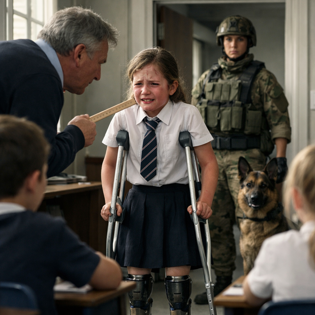 A Navy SEAL and her battle-tested K9 walked into an ordinary elementary school to pick up her disabled daughter—within seconds, Sarah Mitchell knew something was terribly wrong. The laughter coming from Classroom 3A wasn’t joyful; it was cruel. Her nine-year-old, Lily, shook on her crutches while a teacher mocked her prosthetic leg in front of the class. Sarah has faced gunfire and IEDs, but nothing like this. This time, the mission was simple: defend her child.