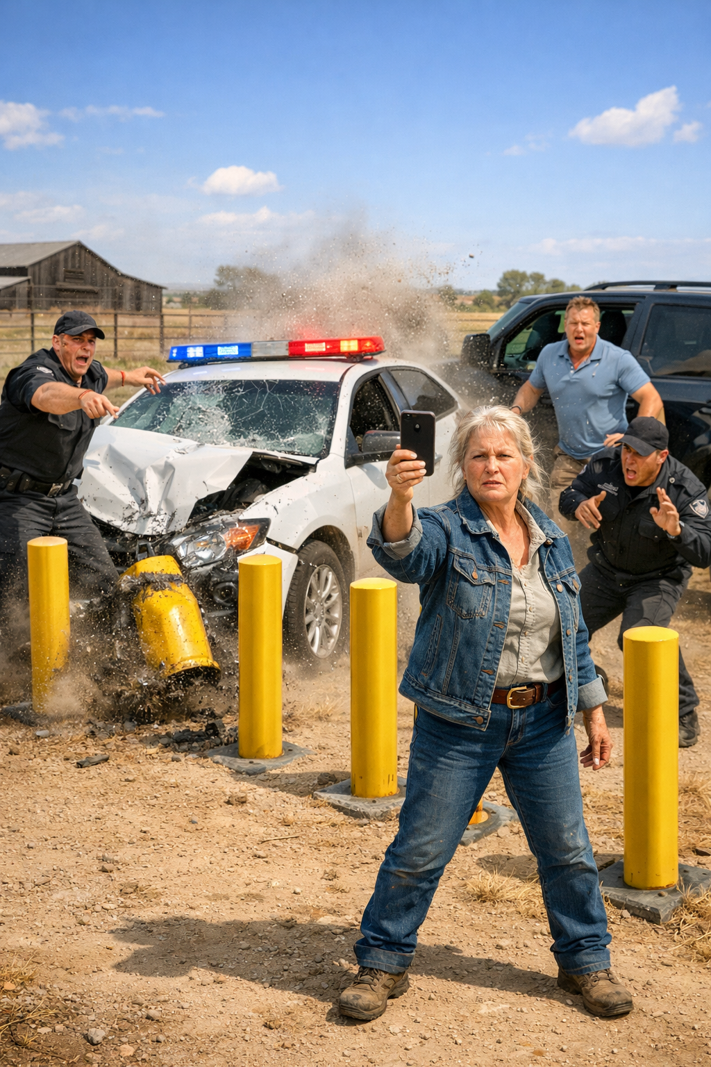 “Those Men Aren’t Deputies,” The Sheriff Dispatcher Said. “We Have No Units Near Your Ranch.” I Replayed The Footage: Fake Badges. Fake Authority. My HOA Had Sent Private “Cops” To Intimidate Me After I Refused To Sell. They Drove Through My Land Laughing — Until Six Steel Bollards Went In On Tuesday. Three Days Later, A White Sedan Hit My Gate At Full Speed… And The Developer Following Behind Learned Exactly What Happens When A Rancher Stops Stepping Aside.