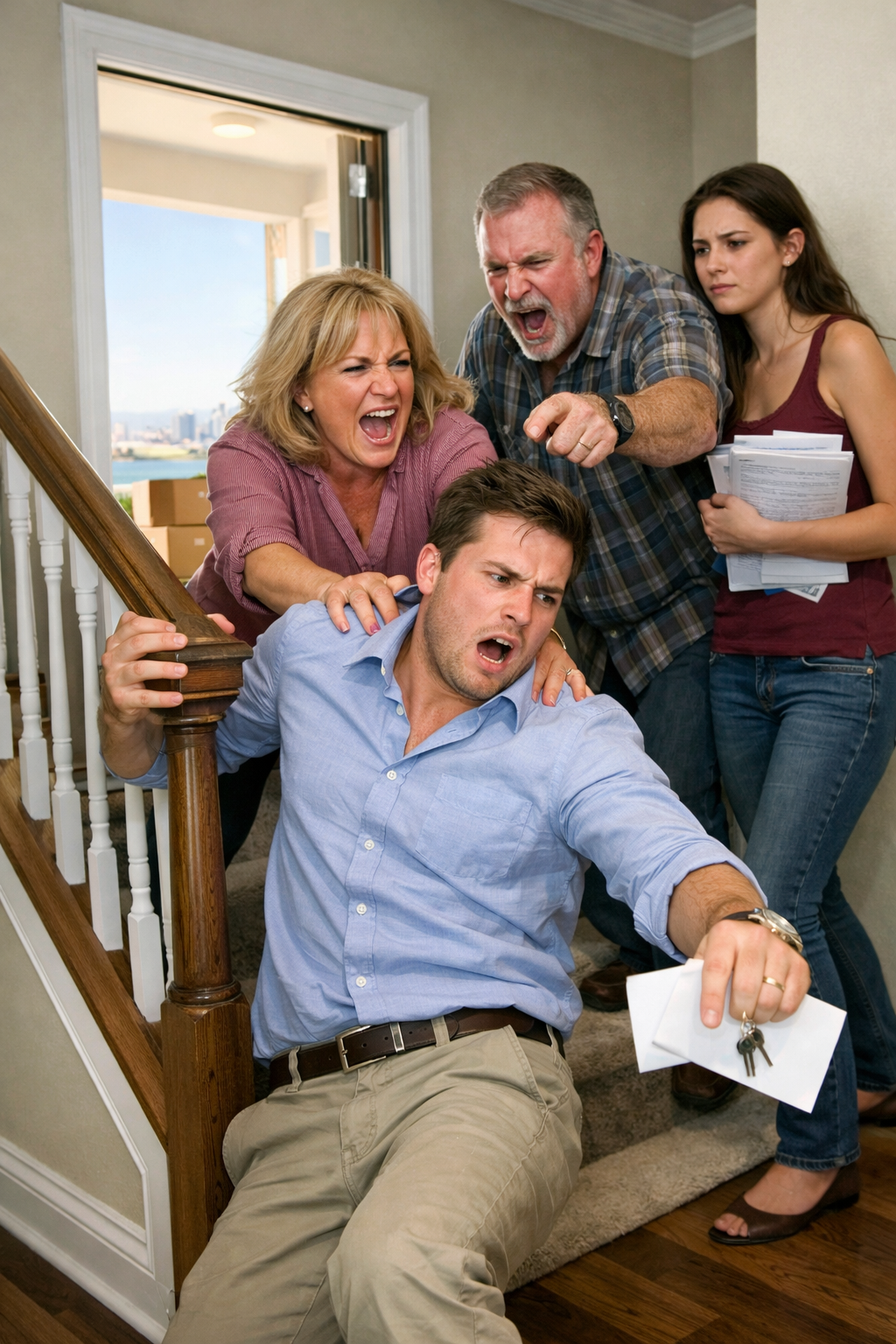 I bought a luxury apartment with my own savings. When I refused to sell it for my half-sister’s college, my mom threw me out. The next day, she called me in panic. My mother shoved me down a flight of stairs on the best day of my life. Not metaphorically, not in some heated argument where I’m exaggerating for effect.