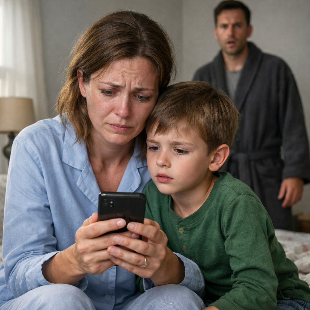 While my husband was in the shower, his phone lit up on the counter. My son looked at it and said, “Mom… why is Dad texting Aunt Lisa, ‘I miss last night’?” I thought it had to be a mistake—until I read it. When I asked Lisa, she broke down and said one word: “Sorry.”
