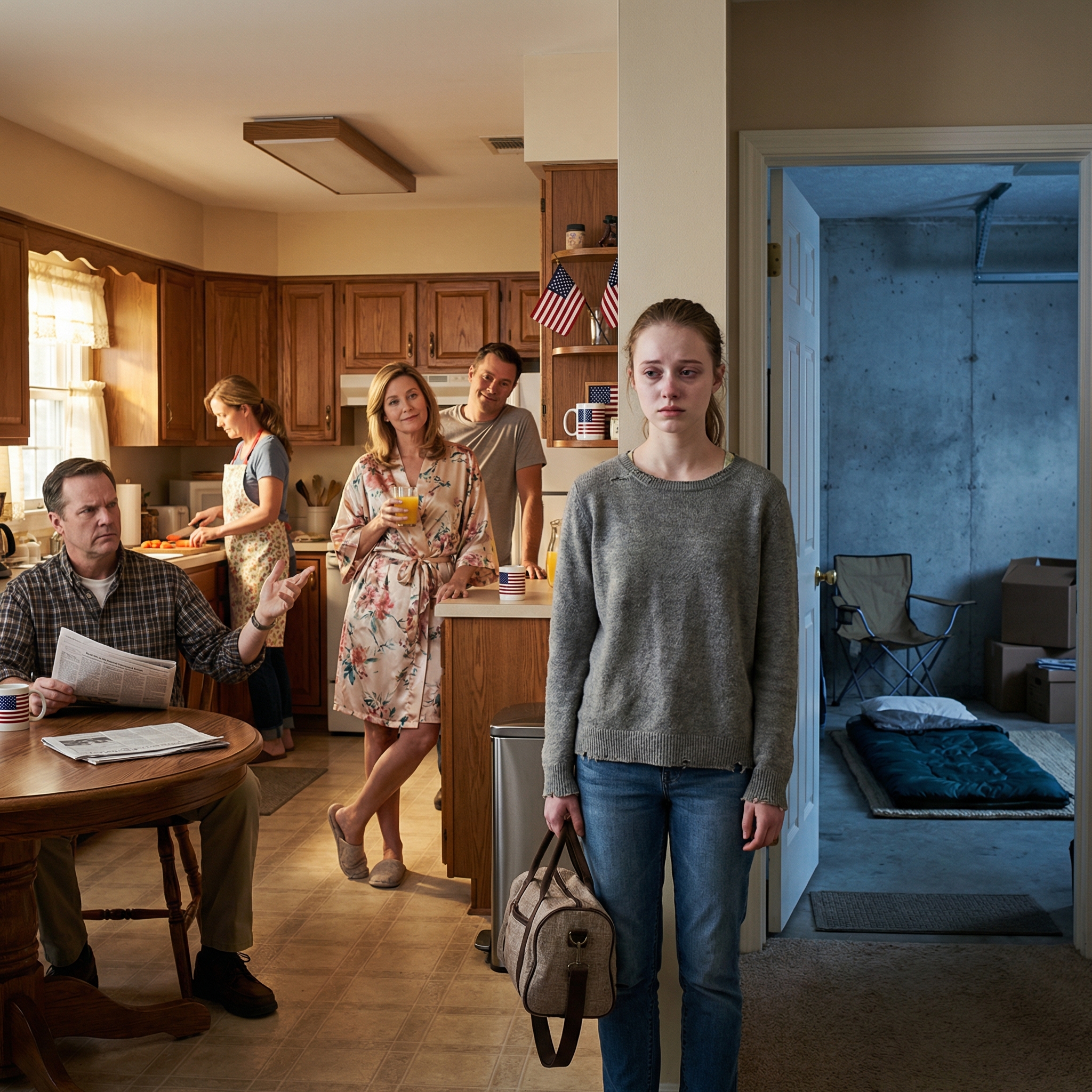 “Your sister’s bringing her husband, so put your suitcase in the garage and don’t be difficult,” my mother said as my father called me charity in my own childhood kitchen, and I let them keep believing I was the stalled daughter behind that closed bedroom door, because by morning a black SUV would be in their driveway—and the guest list across the city would make them see me