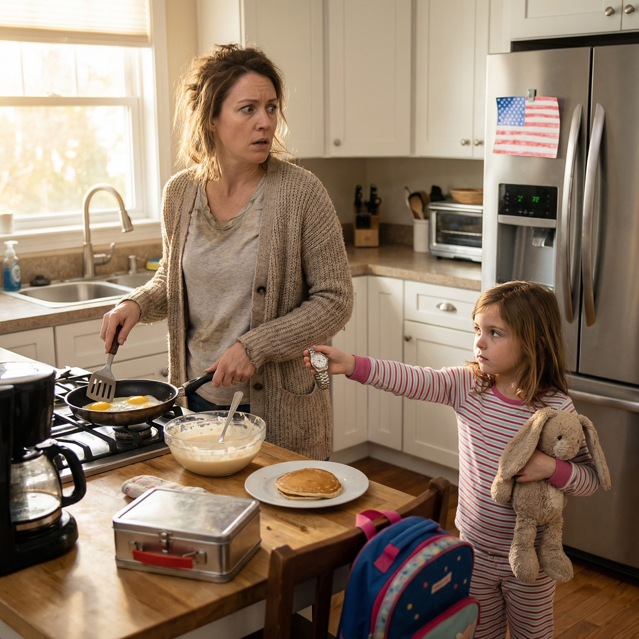 “Daddy forgot his watch,” I said, and my daughter went still at the kitchen island, syrup cooling on her Mickey Mouse pancakes, as if the one thing my husband had never left behind in seven years had cracked something open inside our picture-perfect house—and by the time the backyard floodlight came on over an empty camera feed, I was already packing a bag with shaking hands.