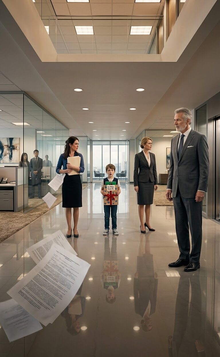 A young boy showed up at an office with a gift in his hands, searching for his mother—only to go rigid when he found her being humiliated, the female boss jabbing a finger and calling her “beneath everyone.” Then a high-ranking guest walked in and offered a single greeting—and suddenly every face in the room lost its color.
