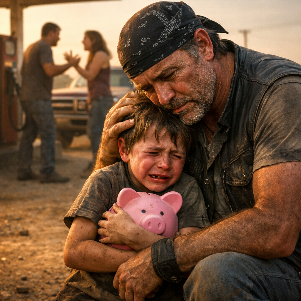 The Little Boy Tugged a Stranger’s Jacket at a Gas Station — “You Can Have All My Money… Just Make My Daddy Stop Hurting My Mommy,” He Whispered, But When the Biker Walked Toward the Truck, Everything About That Afternoon Began to Change
