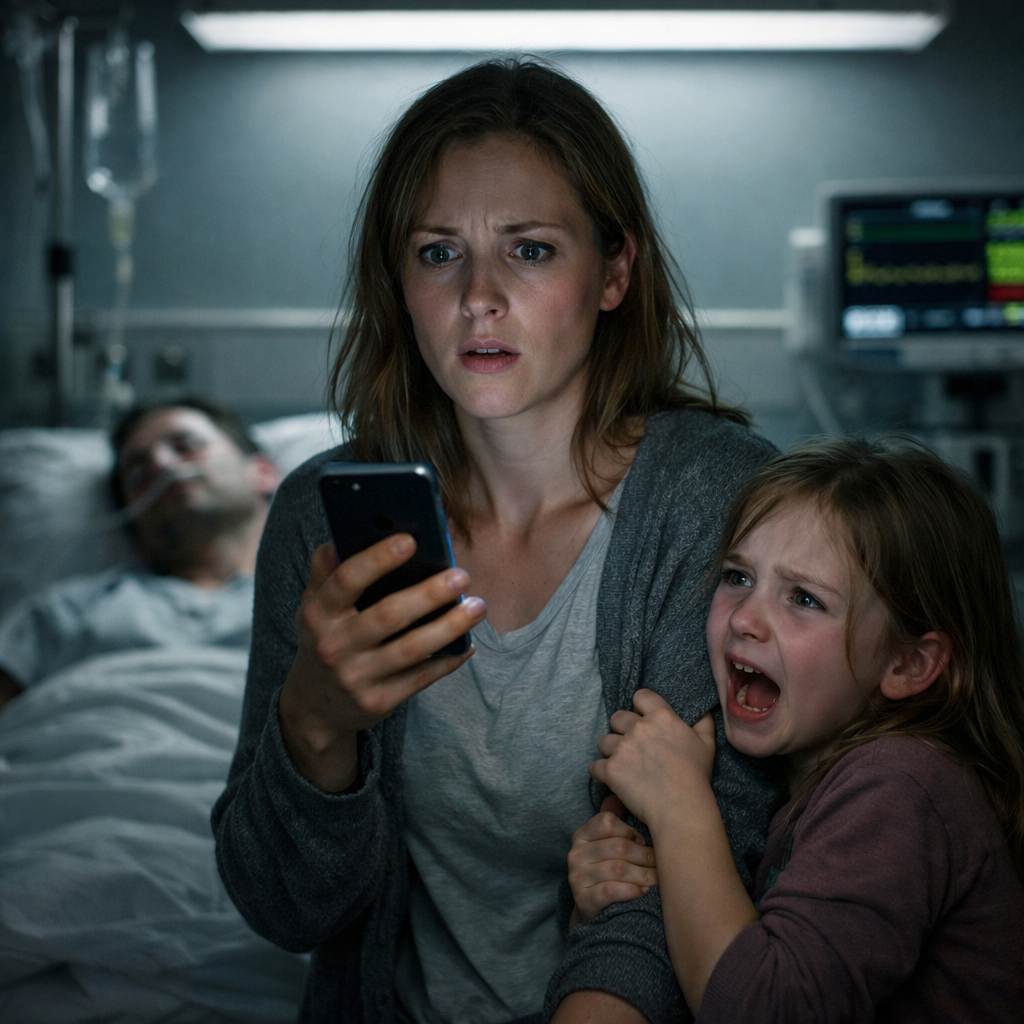 My husband was in a coma after a car accident. I visited him with my daughter. She grabbed my arm and whispered, “mom… dad is awake. He’s faking it.” Confused, I said, “that’s impossible.” She handed me her phone. I saw the screen and froze. I took her hand and left the hospital immediately.