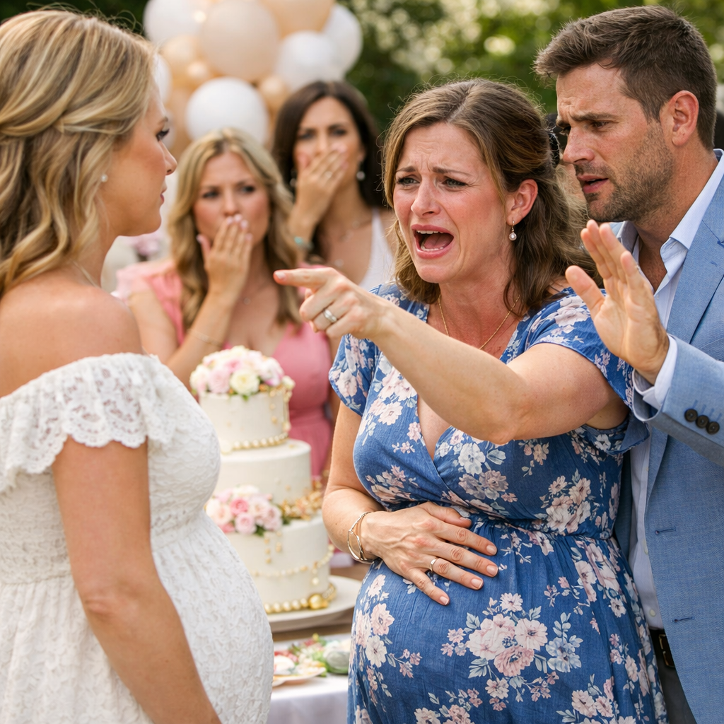 At my baby shower, a pregnant woman walked in and called my husband honey. I froze. Then she looked straight at me and said, “I’m his wife and I’m carrying his baby.” She showed photos, messages, even a marriage certificate. Everyone believed her. They started blaming my husband until I asked one simple question.