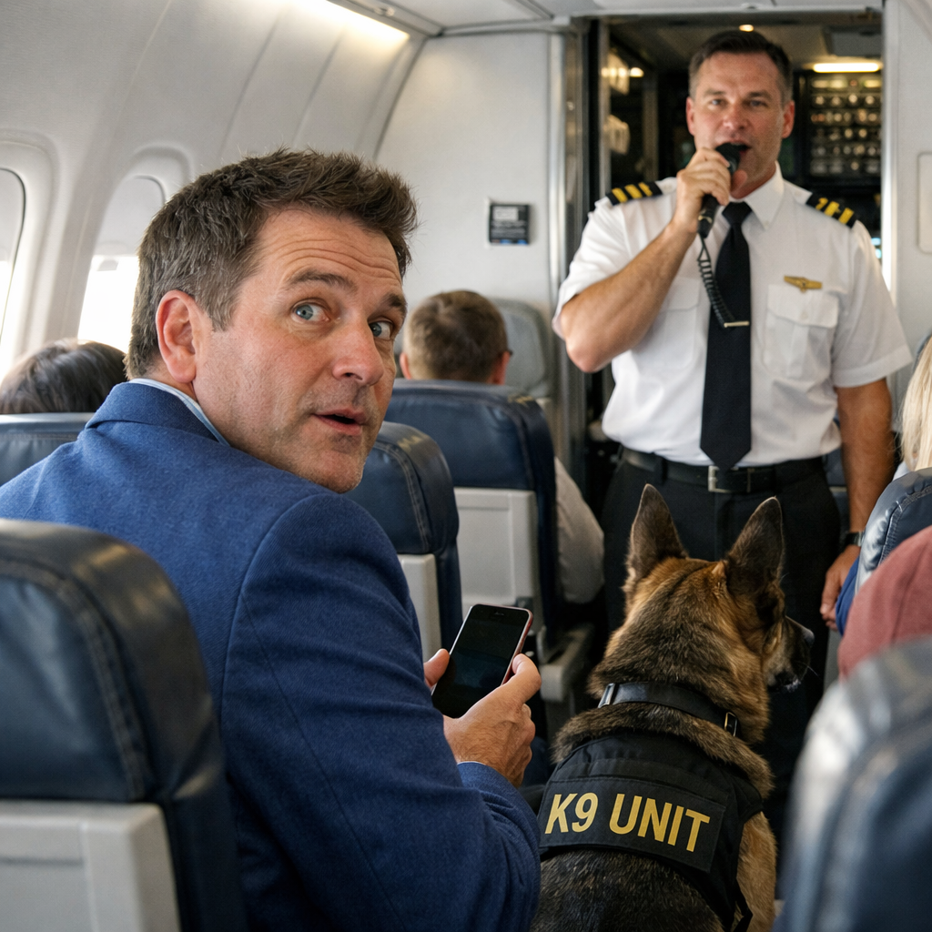 When an angry first-class executive demanded that a battle-worn military dog be removed just before takeoff, the captain’s calm announcement about what had already been discovered beneath the aircraft forced the entire plane to face a truth none of them expected…