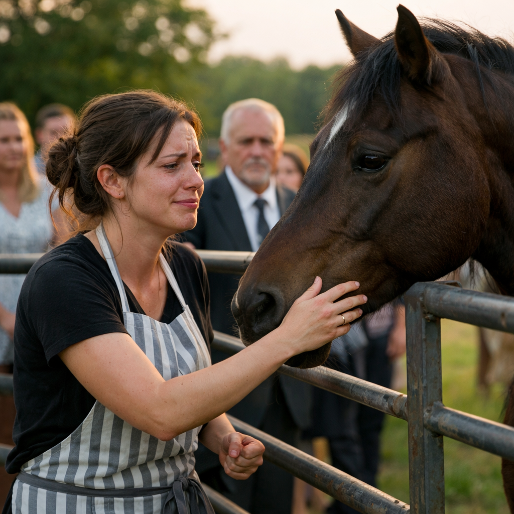 Untamable horse sold at auction… what the waitress did shocked everyone who saw it. The steel gates of the Blackwood ring shook so violently the sound rolled across the estate like thunder, silencing a crowd of millionaires who had come for spectacle, not mercy. They called him a killer. A ruined animal. A beast worth more dead than alive. But while seasoned handlers backed away, one trembling young waitress in a stained catering uniform stepped toward him anyway.