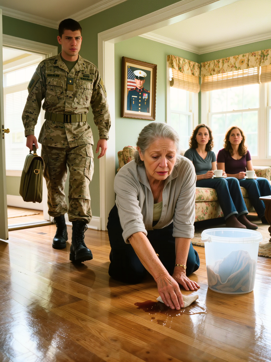 After five years away, my soldier son came home and found me on my knees scrubbing my own floors—while his wife and her mother sat on the couch, calmly sipping coffee…