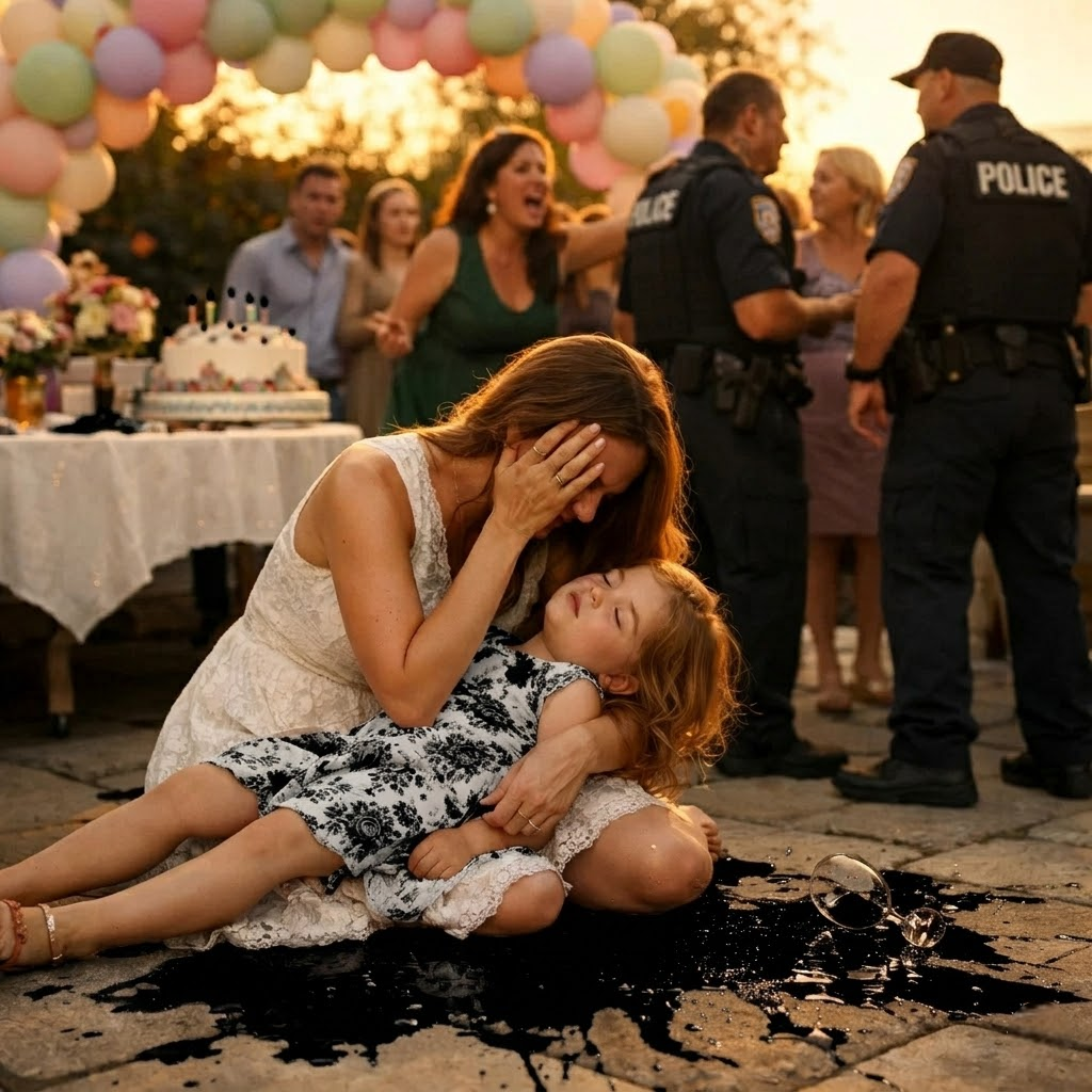At my niece’s birthday party, I asked my family to watch my daughter while I stepped away to pick up her gift. When I came back, my daughter was gone. My sister smirked and said, “She’d ruin the party anyway. That girl should learn to stay quiet.” Panic set in as I searched the house. When I finally found my child, she reeked of sleeping pills and wouldn’t wake up. I begged them to call 911—but my sister exploded, smashing a wine bottle into my head to shut me up. What happened next would leave everyone there in absolute sh0ck.